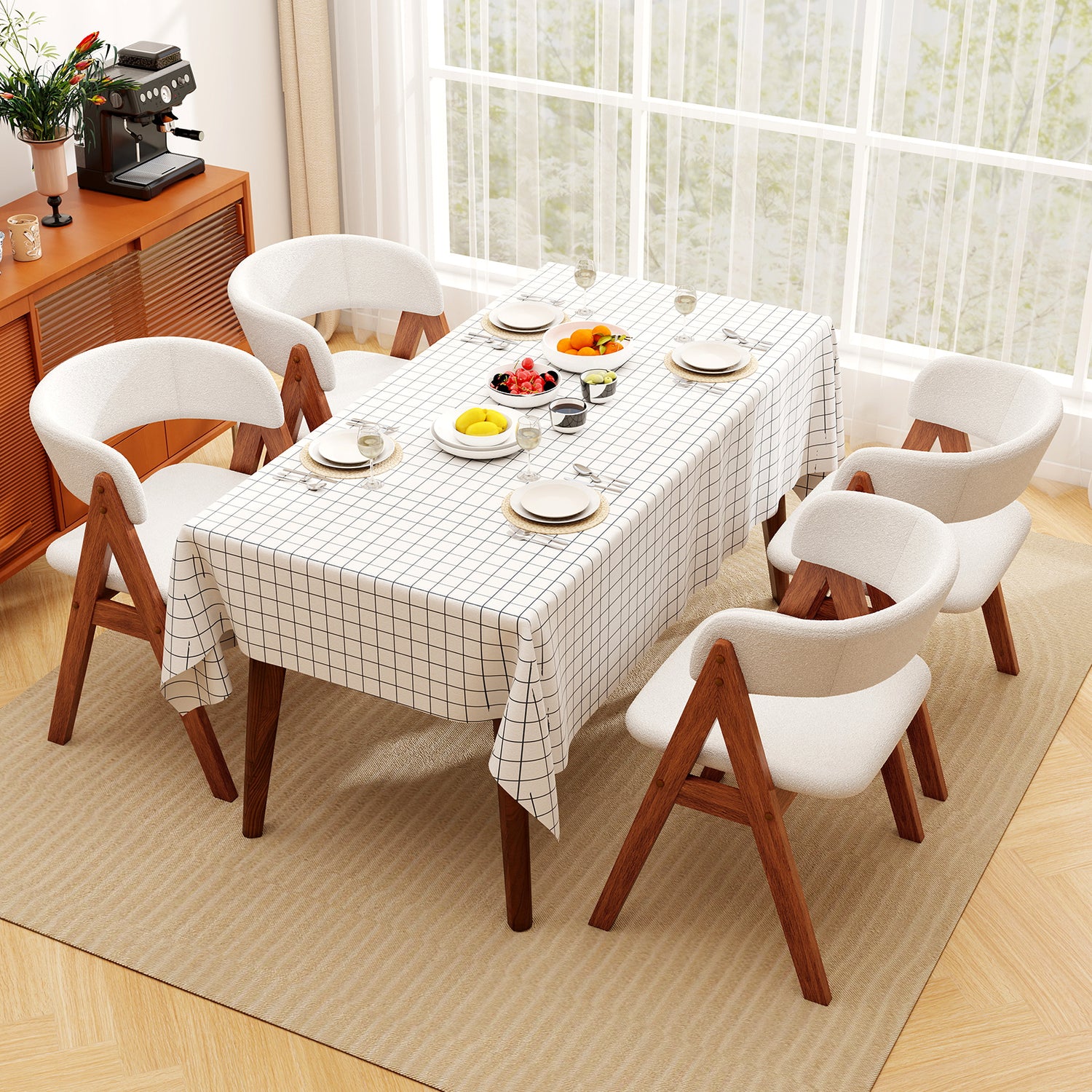 Wooden Dining Chair Set of 2 Mid-Century Modern Sherpa Upholstered Kitchen Dining Room Chairs-Walnut