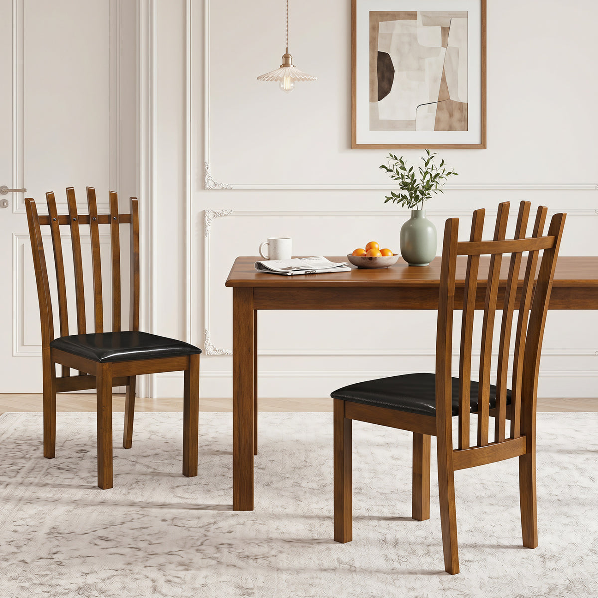 Wooden Dining Chair Set of 2 with Spindle Back & PU Leather Seat-Black