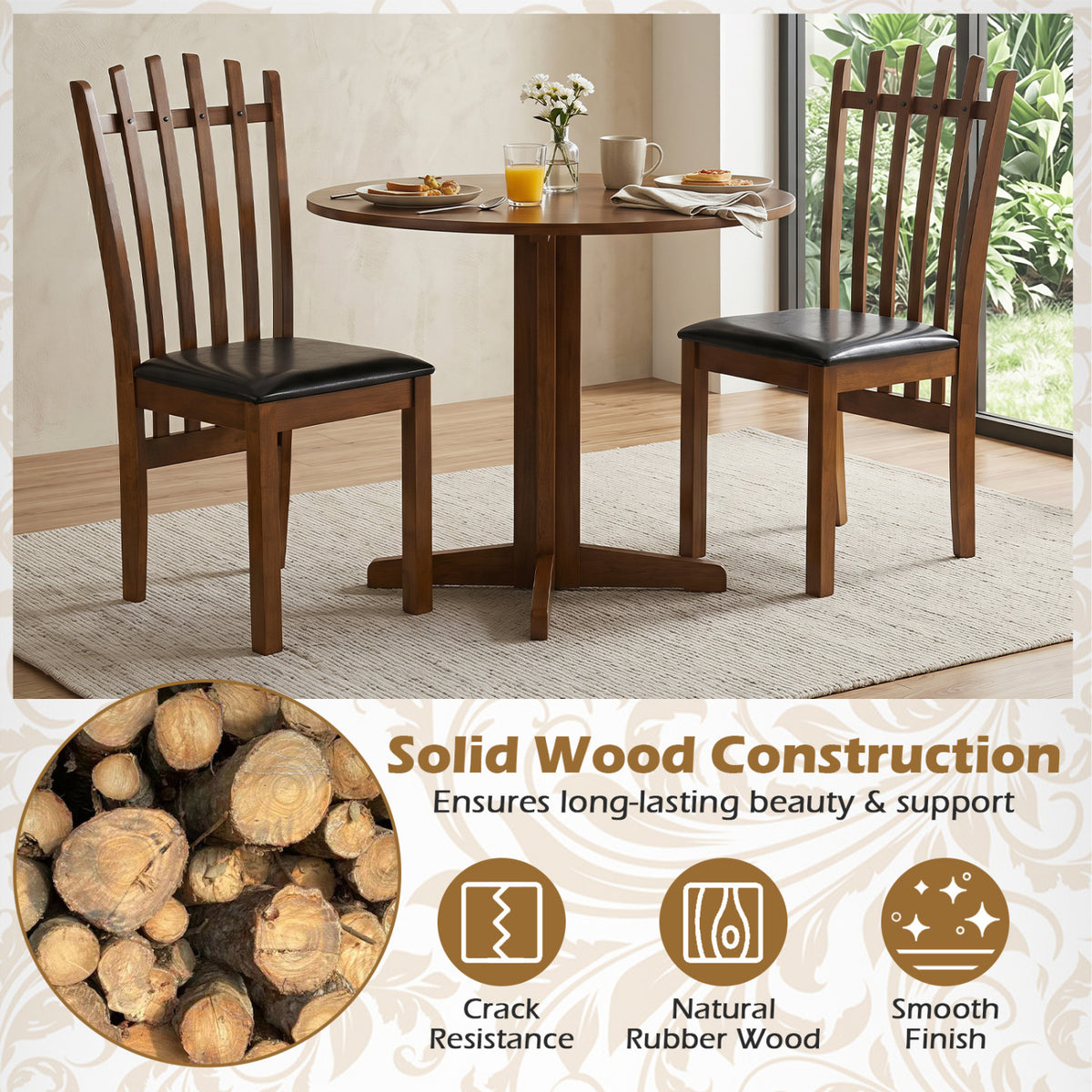 Wooden Dining Chair Set of 2 with Spindle Back & PU Leather Seat-Black