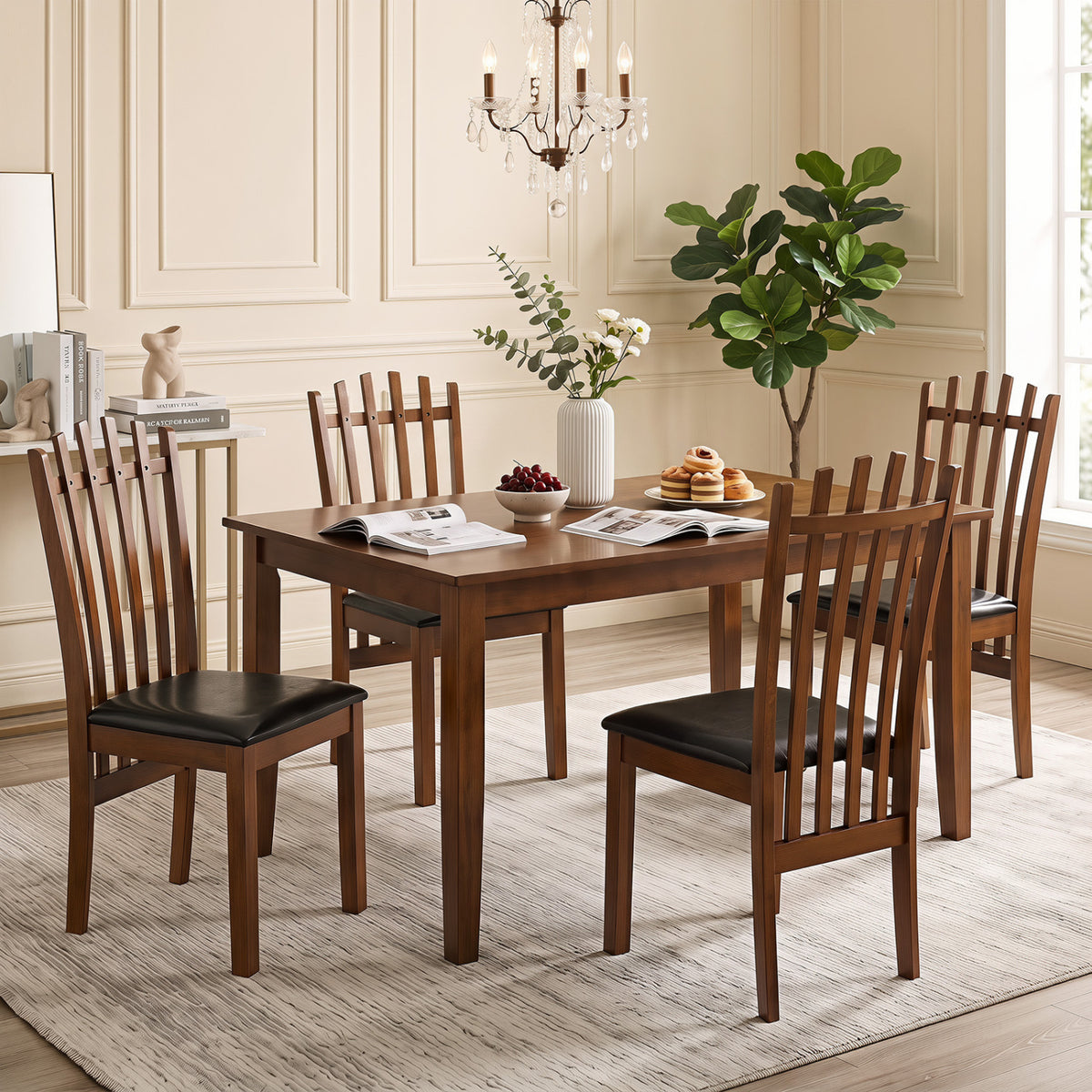Wooden Dining Chair Set of 4 with Spindle Back & PU Leather Seat-Black