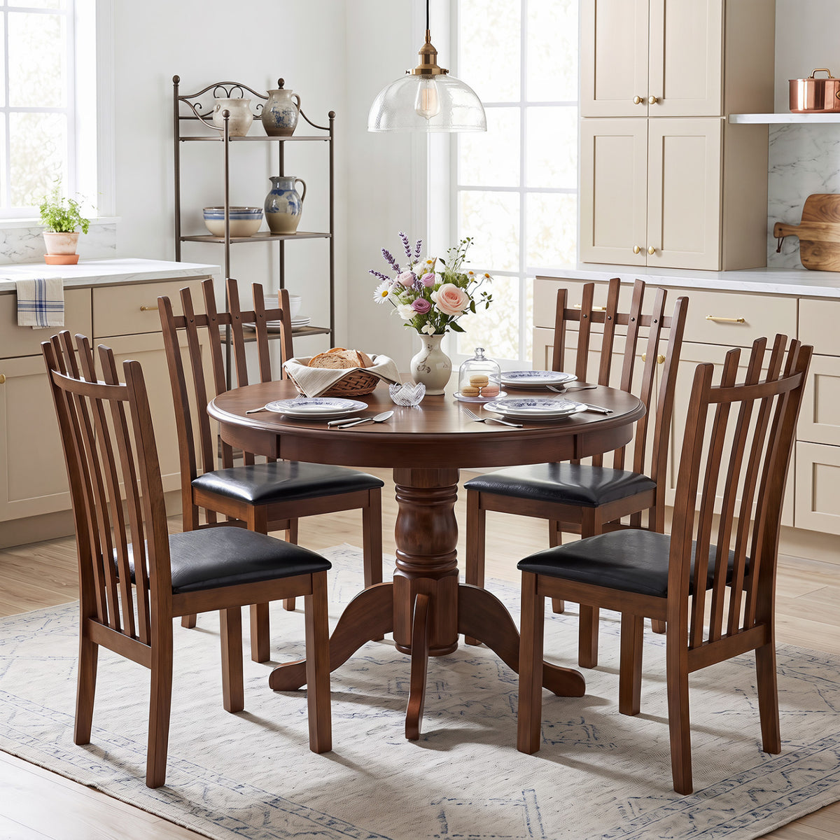Wooden Dining Chair Set of 4 with Spindle Back & PU Leather Seat-Black