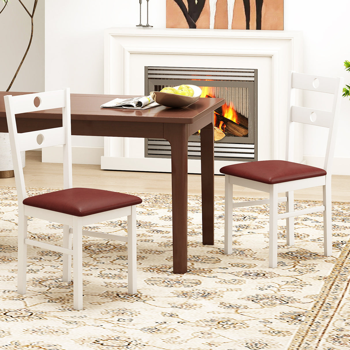 Wooden Dining Chairs Set of 2 Armless Kitchen Chairs with Hollowed Backrest-White