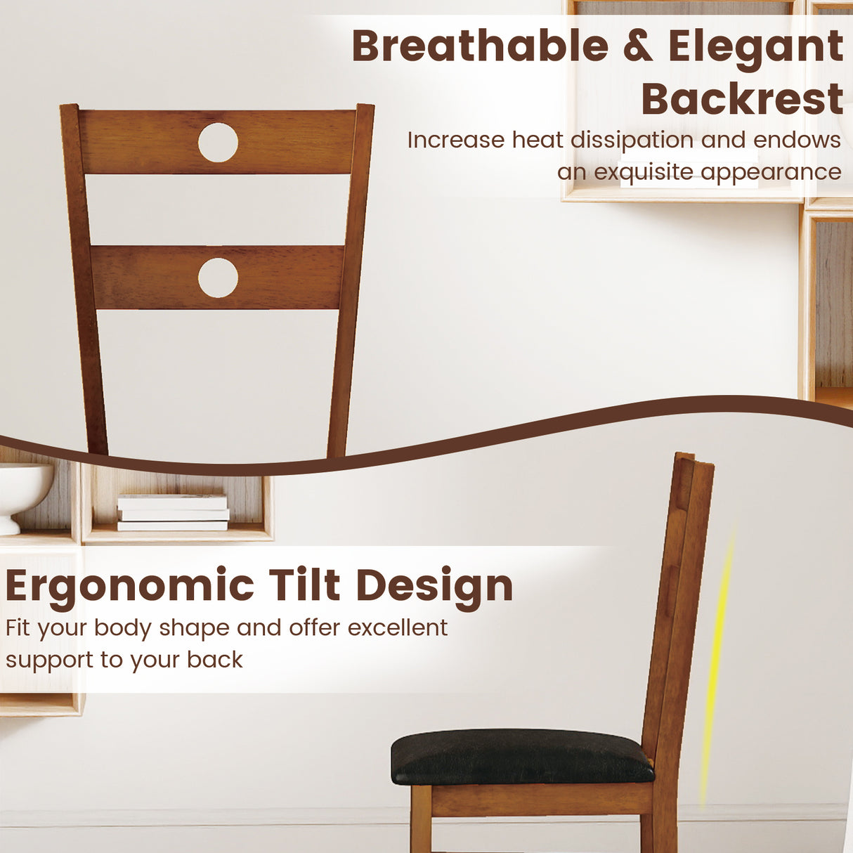 Wooden Dining Chairs Set of 2 Armless Kitchen Chairs with Hollowed Backrest-brown
