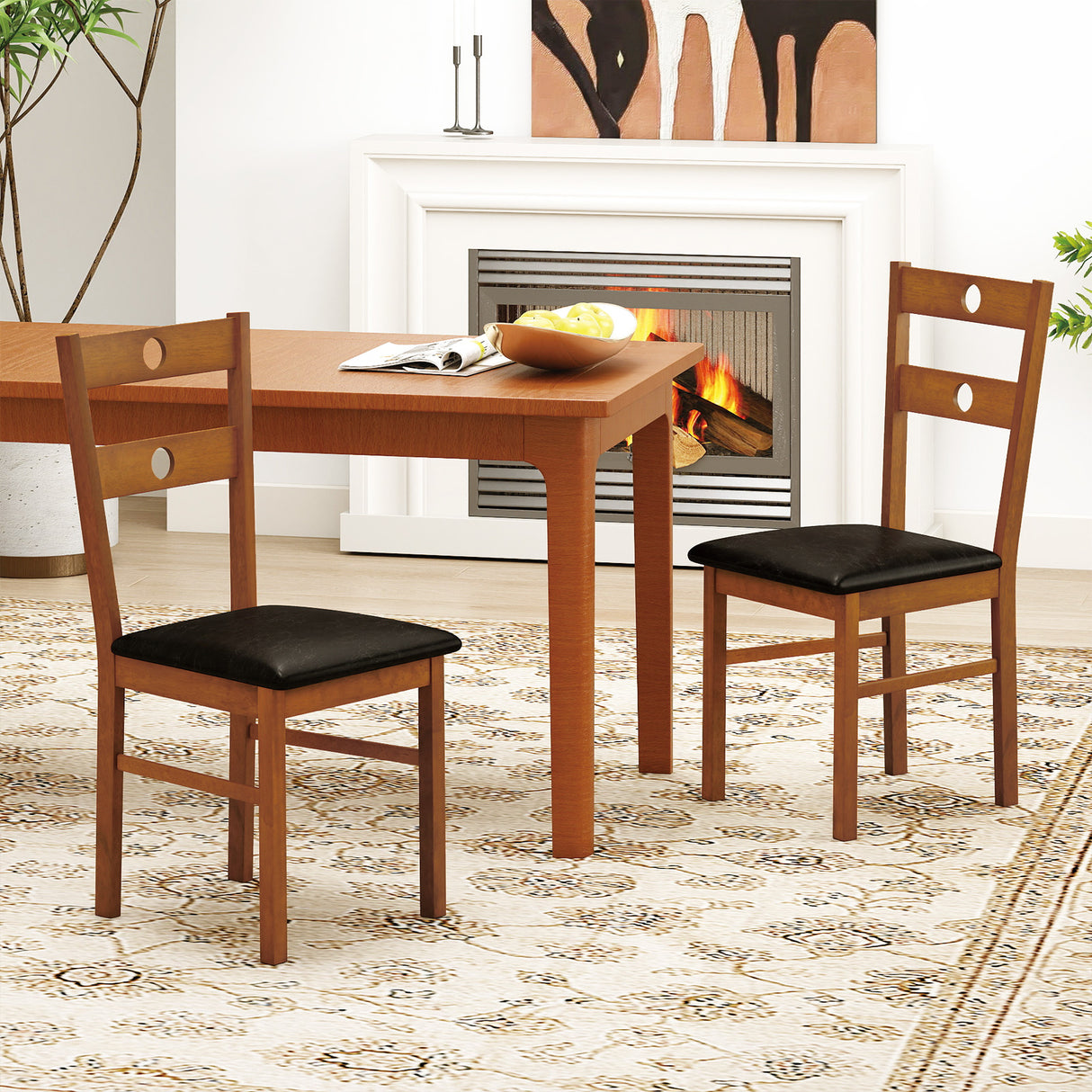 Wooden Dining Chairs Set of 4 Armless Kitchen Chairs with Hollowed Backrest-Brown