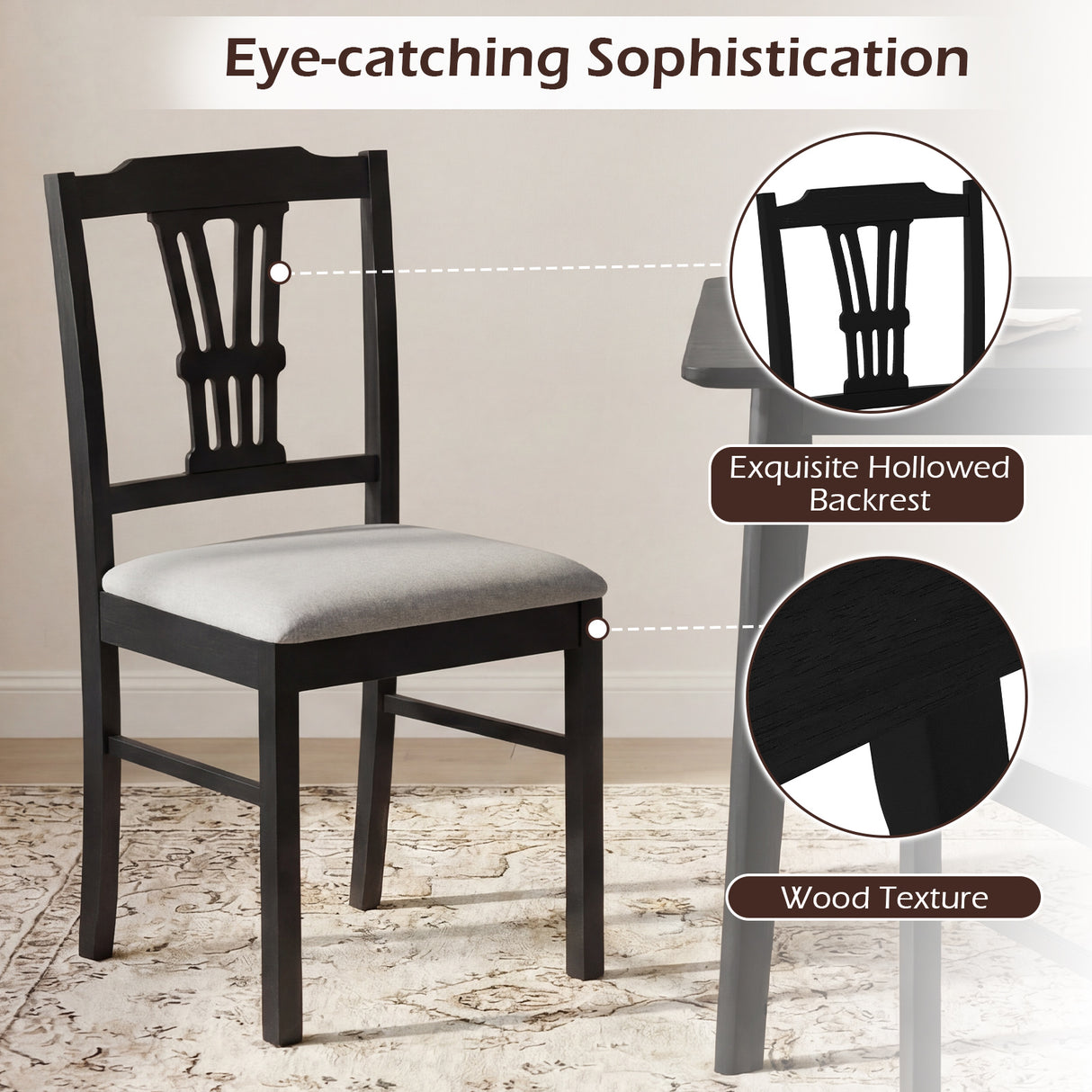 Wooden Dining Chairs Set of 2 Upholstered Kitchen Chairs with Solid Rubber Wood Frame-Gray