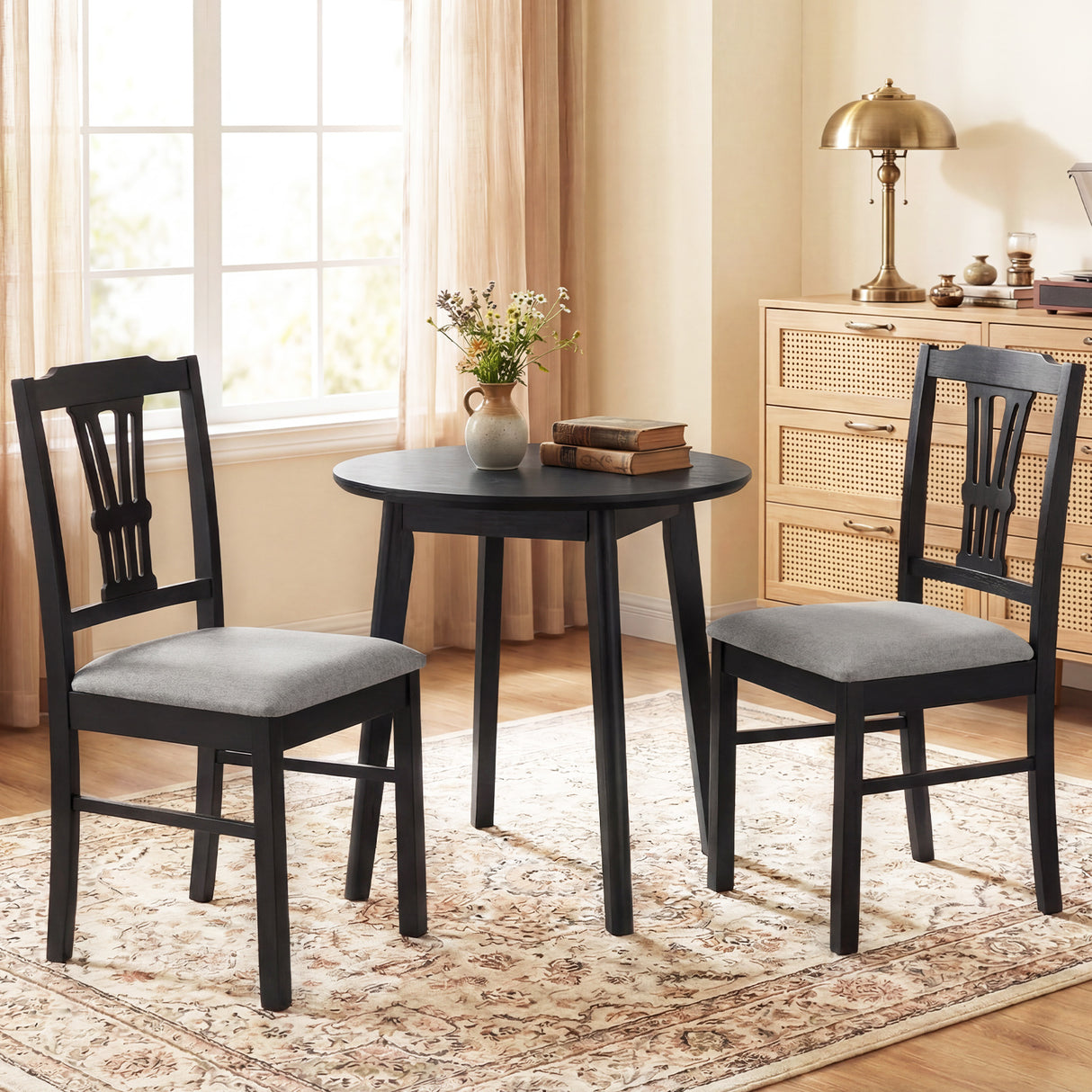 Wooden Dining Chairs Set of 2 Upholstered Kitchen Chairs with Solid Rubber Wood Frame-Gray
