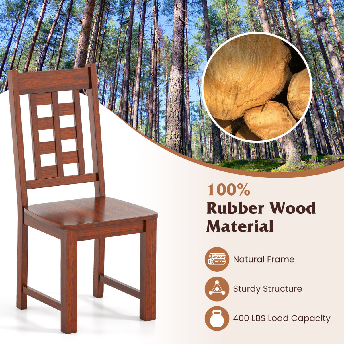 Wooden Dining Chairs Set of 2 Kitchen Chair with Solid Rubber Wood Frame-Walnut