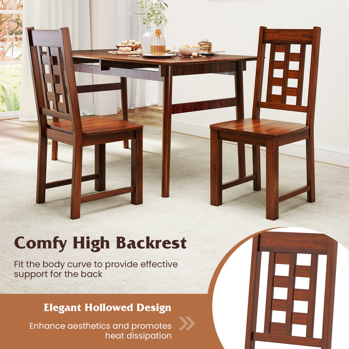 Wooden Dining Chairs Set of 2 Kitchen Chair with Solid Rubber Wood Frame-Walnut