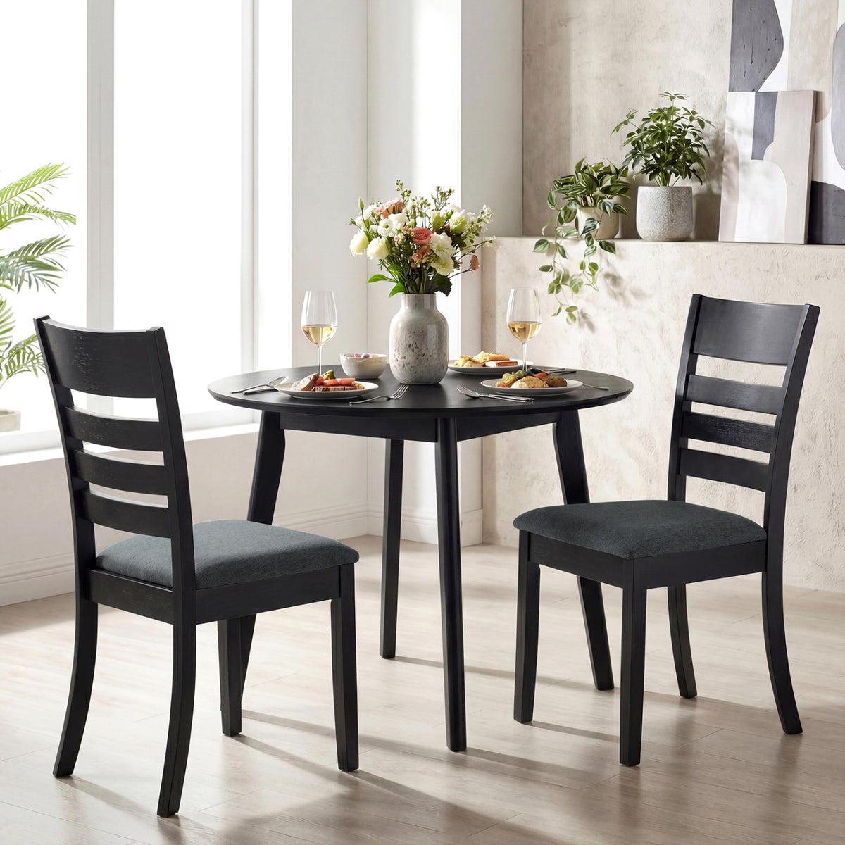 Wooden Dining Chairs Set of 4 Upholstered Kitchen Chairs with Rubber Wood Frame-Black