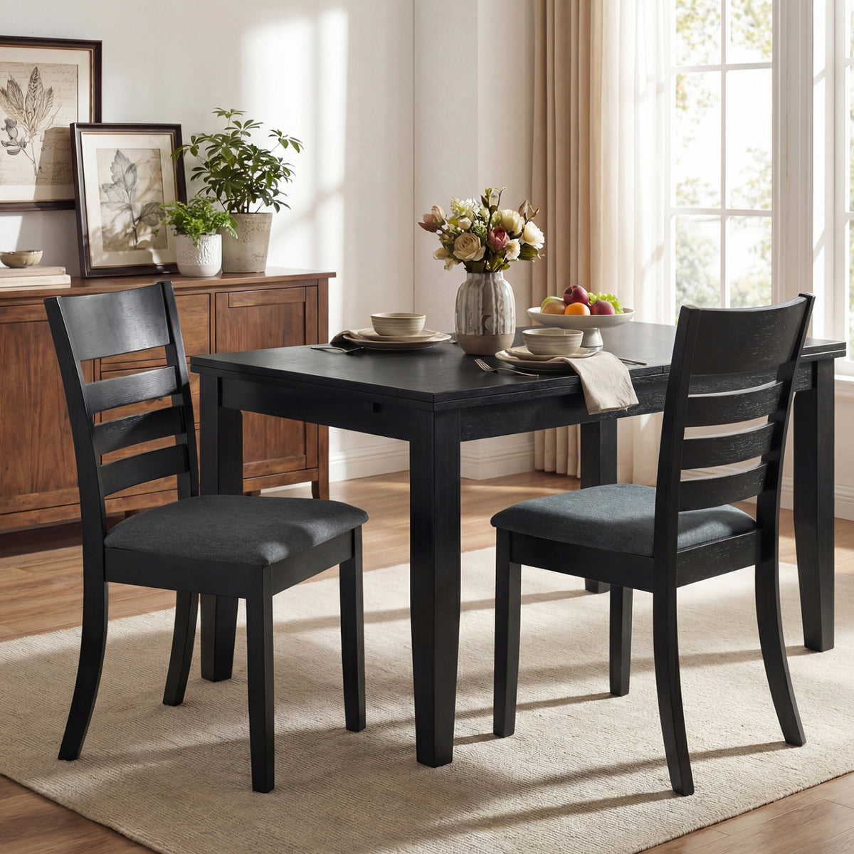 Wooden Dining Chairs Set of 4 Upholstered Kitchen Chairs with Rubber Wood Frame-Black