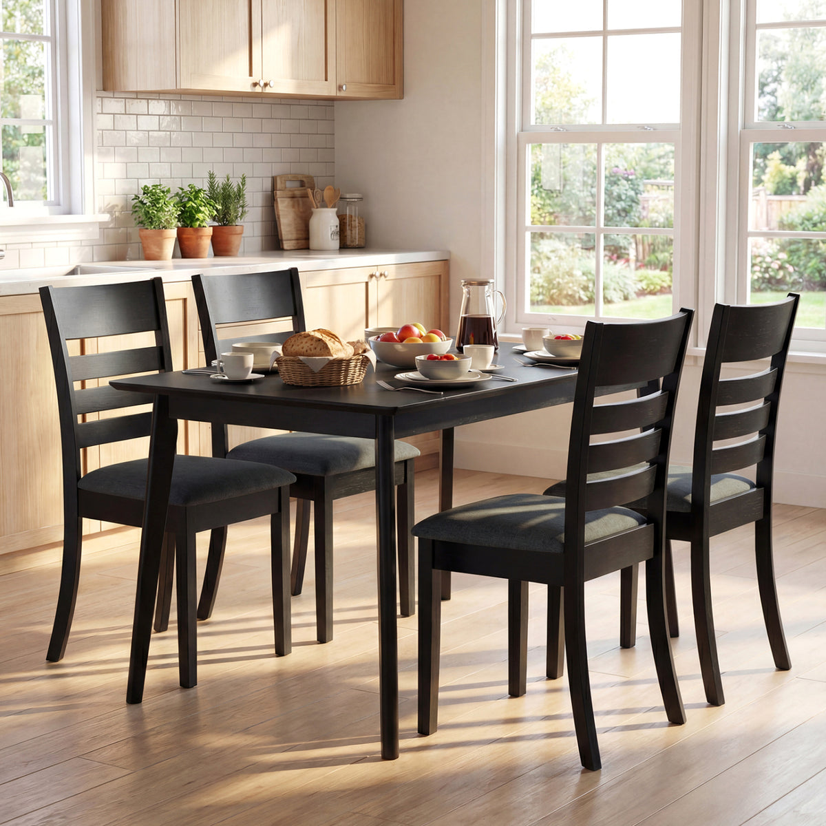 Wooden Dining Chairs Set of 4 Upholstered Kitchen Chairs with Rubber Wood Frame-Black
