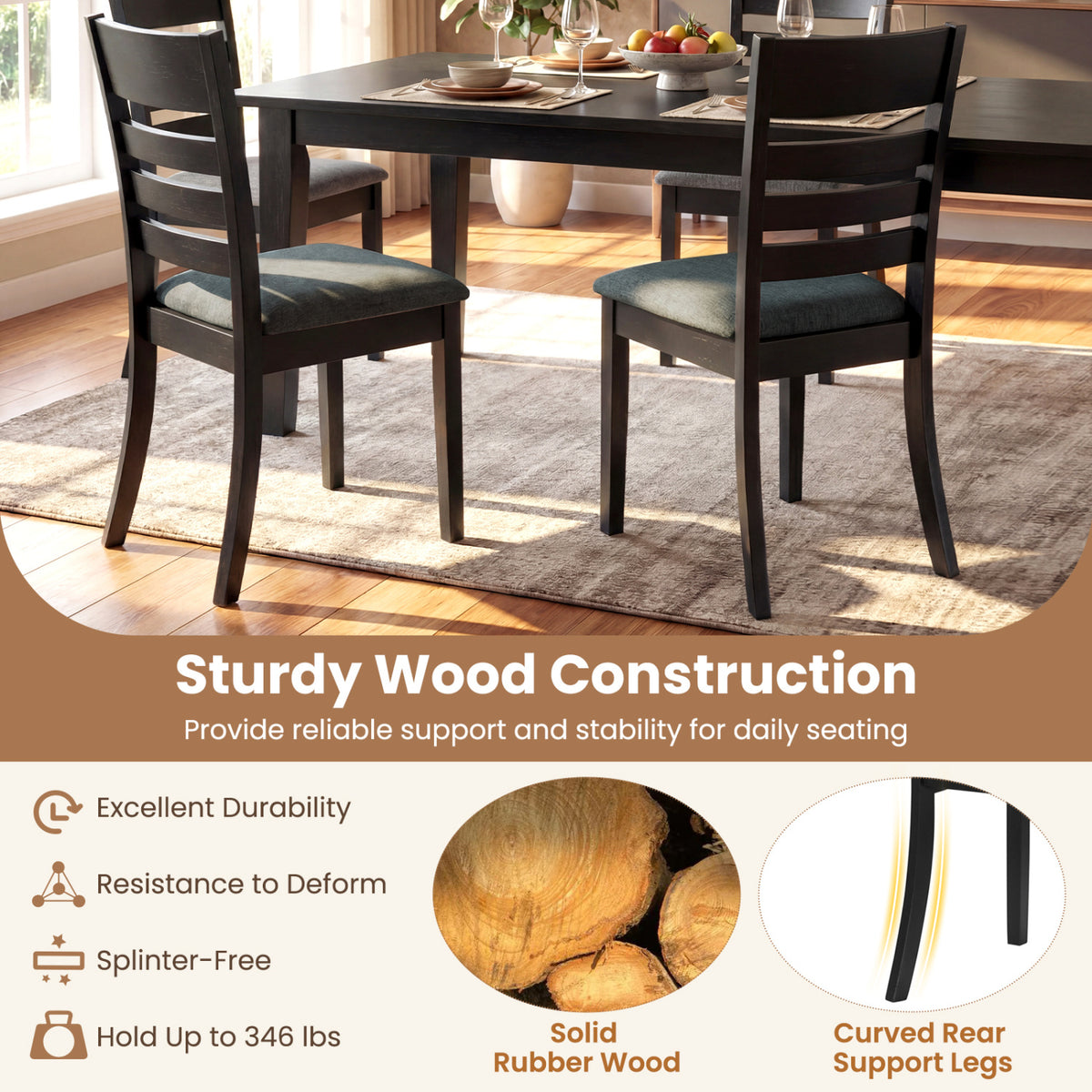 Wooden Dining Chairs Set of 4 Upholstered Kitchen Chairs with Rubber Wood Frame-Black