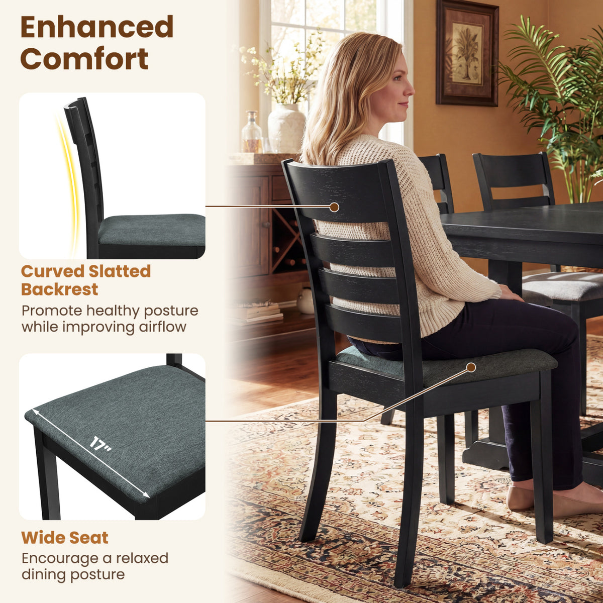 Wooden Dining Chairs Set of 4 Upholstered Kitchen Chairs with Rubber Wood Frame-Black
