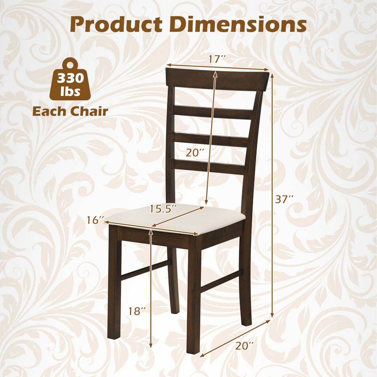 Wooden Dining Chairs Set of 4 with Fabric Cushion for Dining Room-Brown