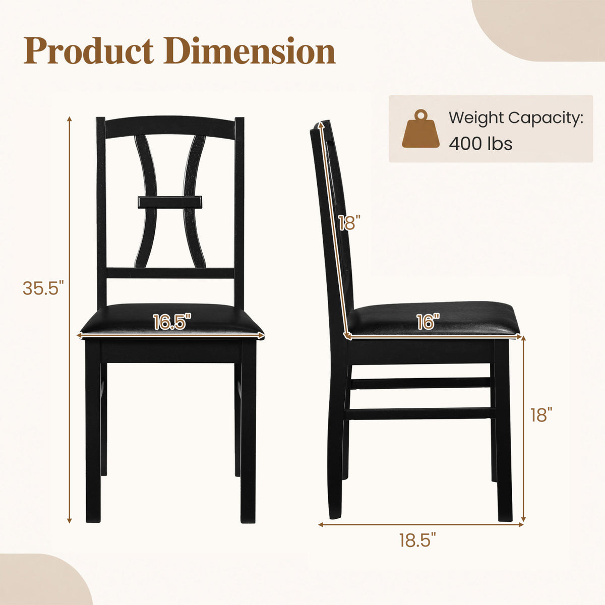 Wooden Dining Chairs Set of 2 with Faux Leather Padded Seat for Kitchen-Black
