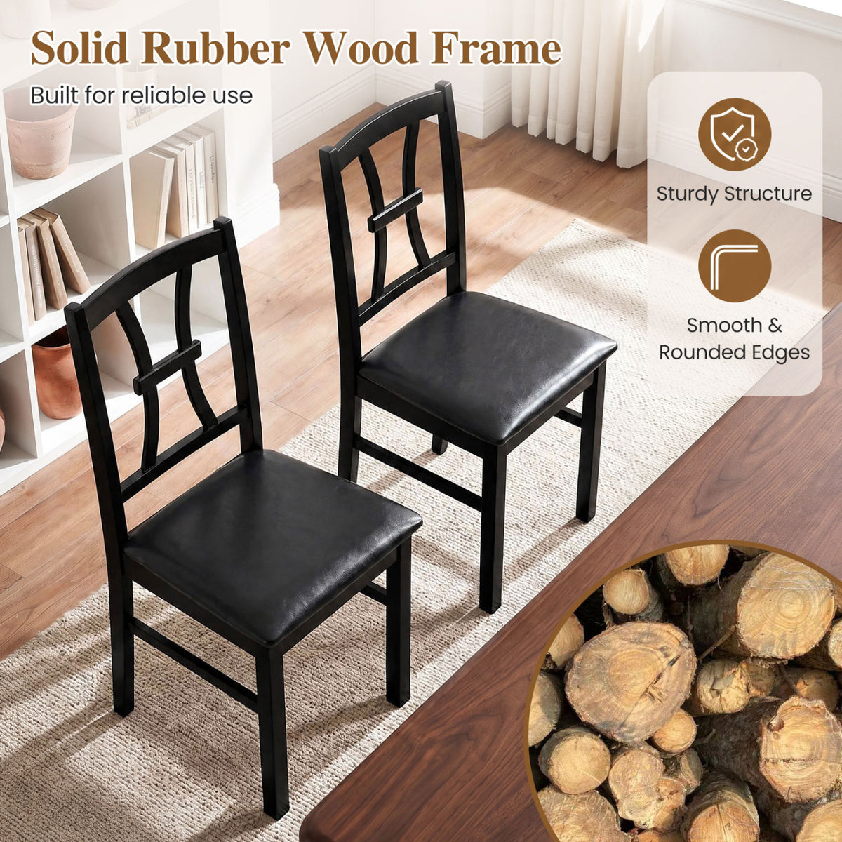 Wooden Dining Chairs Set of 2 with Faux Leather Padded Seat for Kitchen-Black