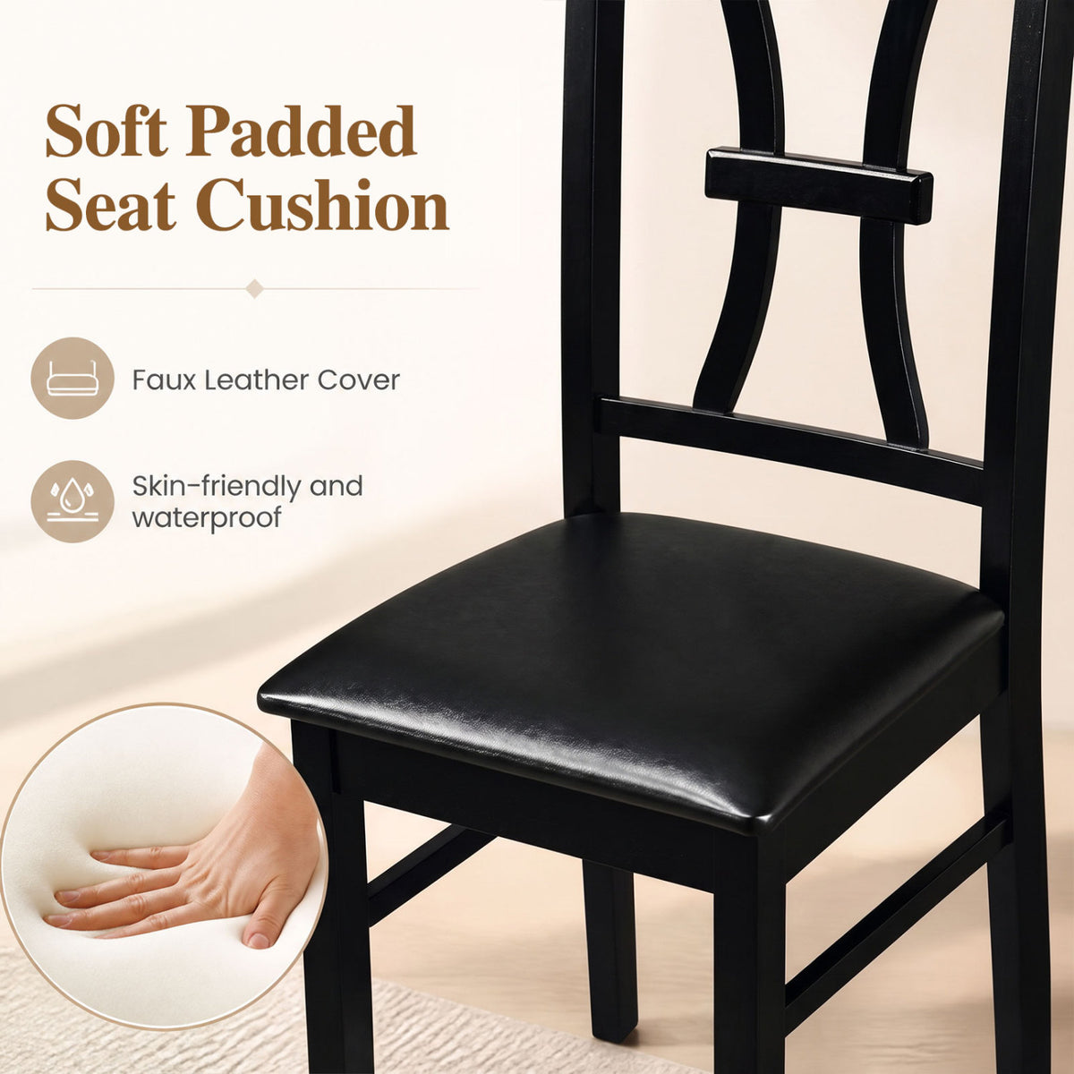 Wooden Dining Chairs Set of 2 with Faux Leather Padded Seat for Kitchen-Black