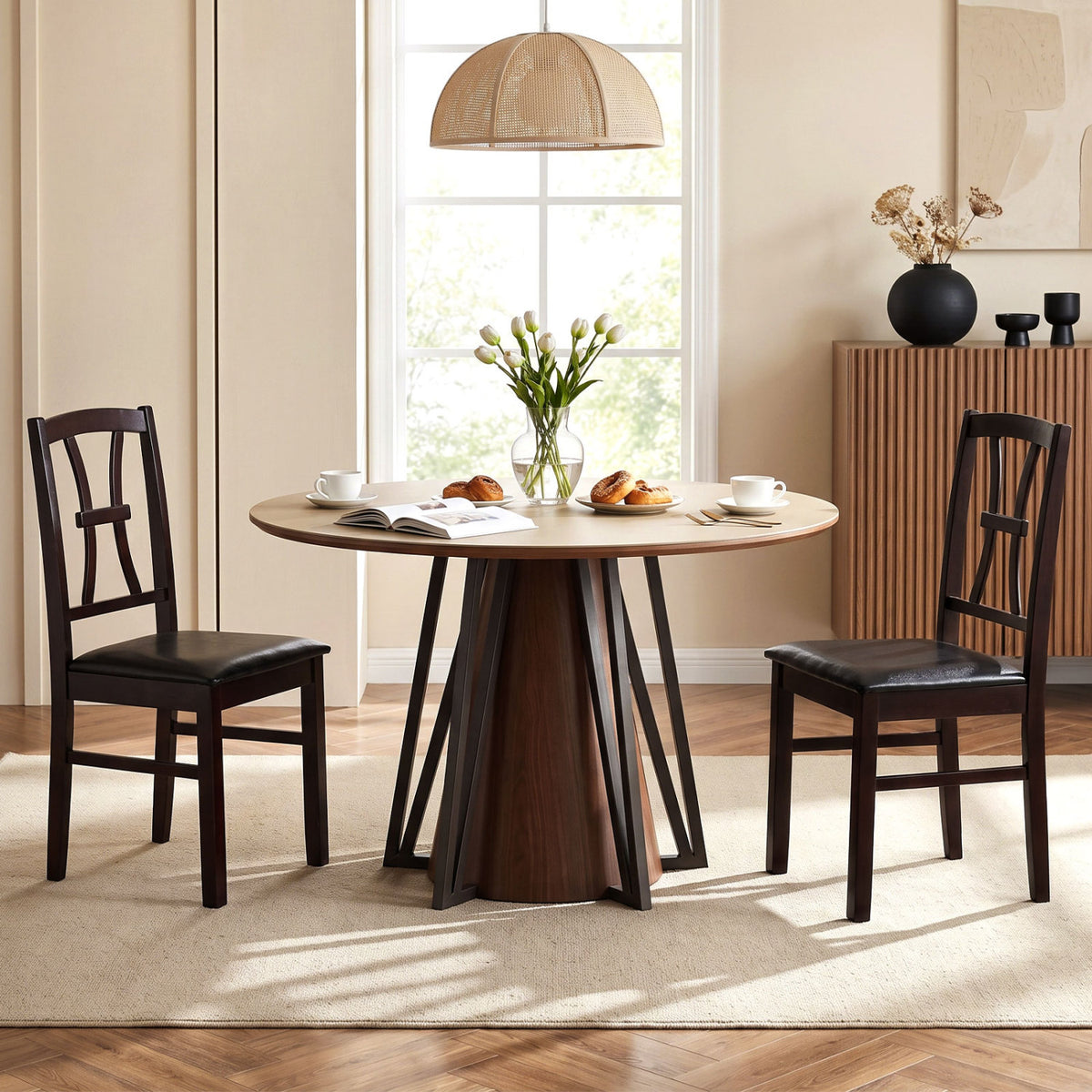 Wooden Dining Chairs Set of 2 with Faux Leather Padded Seat for Kitchen-Brown