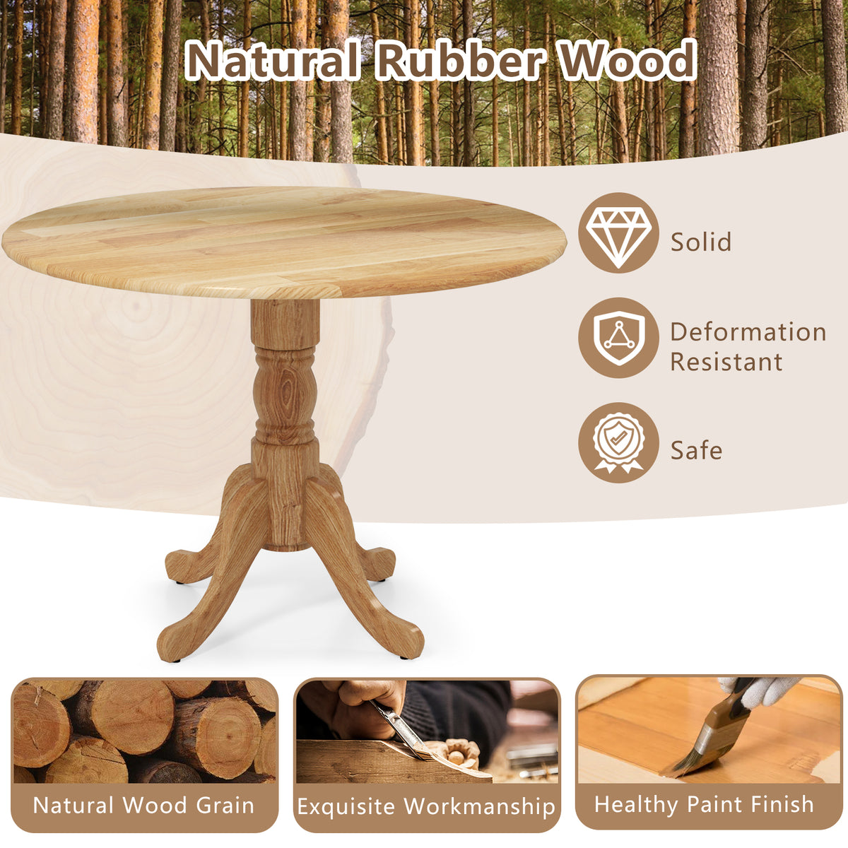 Wooden Dining Table with Round Tabletop and Curved Trestle Legs-Natural