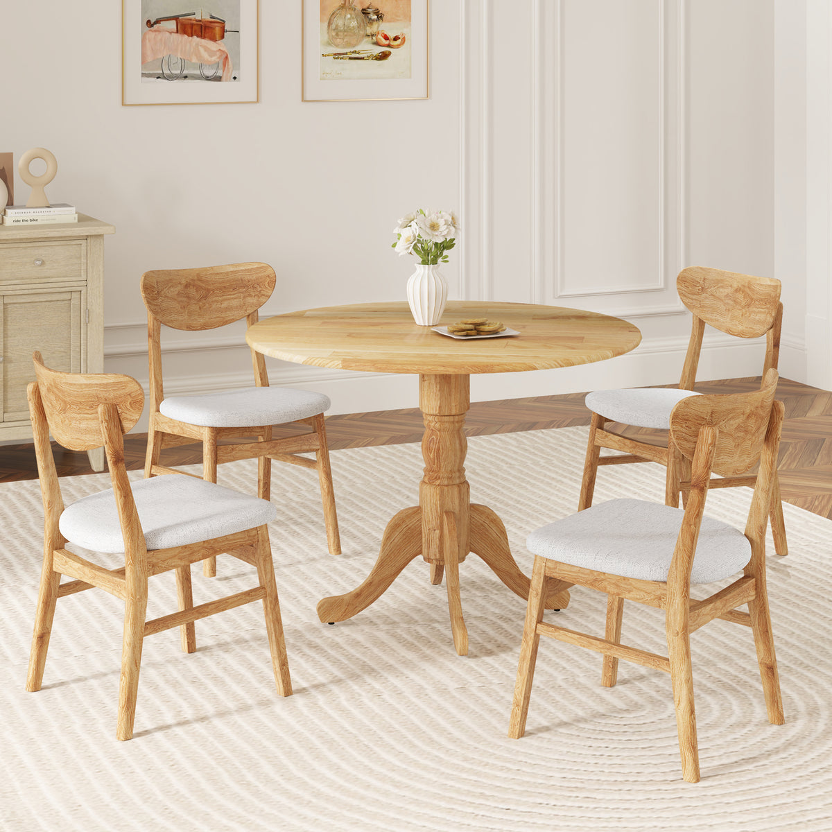 Wooden Dining Table with Round Tabletop and Curved Trestle Legs-Natural