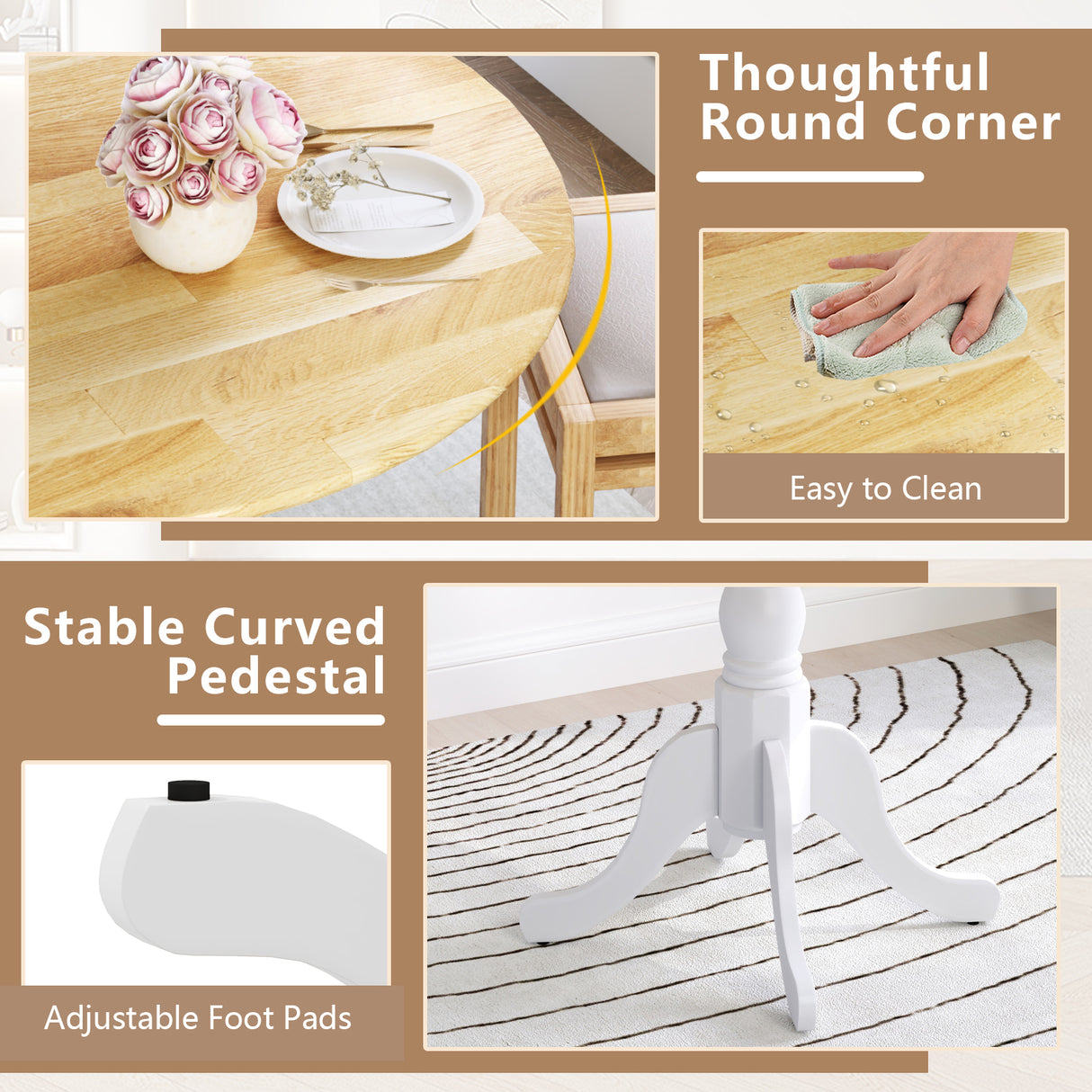 Wooden Dining Table with Round Tabletop and Curved Trestle Legs-Natural & White