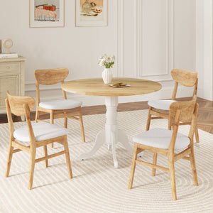 Wooden Dining Table with Round Tabletop and Curved Trestle Legs-Natural & White