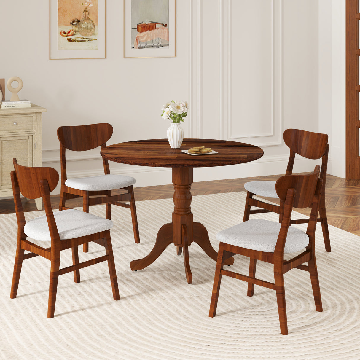 Wooden Dining Table with Round Tabletop and Curved Trestle Legs-Walnut
