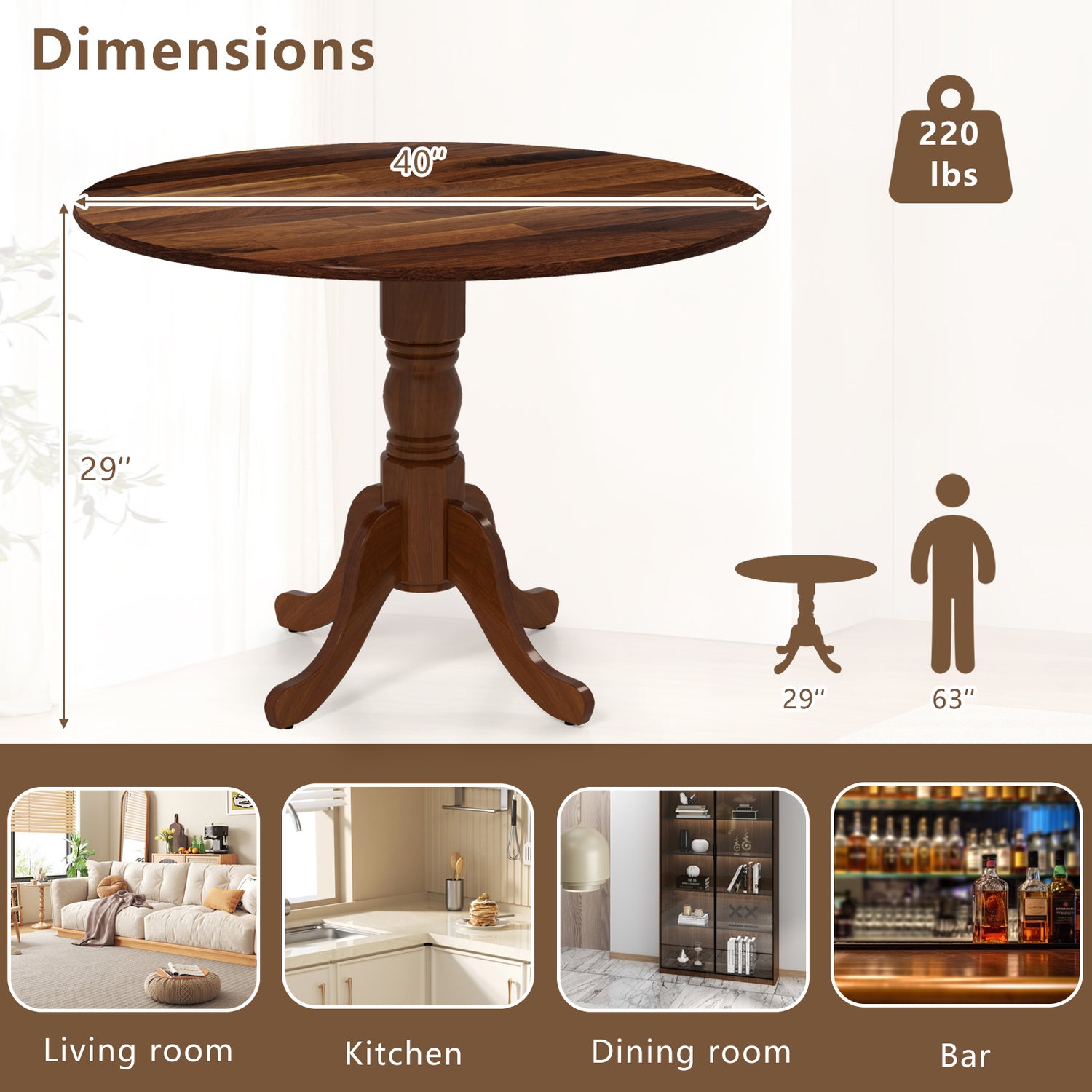 Wooden Dining Table with Round Tabletop and Curved Trestle Legs-Walnut