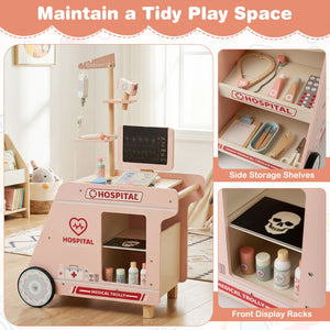Wooden Doctor Playset for Kids Pretend Play Doctor Kit with Cart Gift for Toddlers Boys Girls Aged 3+-Pink