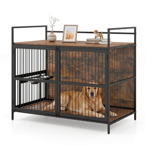Wooden Dog Crate Furniture for Medium Dogs with Bowls and Rotatable Holder-Brown