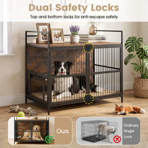 Wooden Dog Crate Furniture for Medium Dogs with Bowls and Rotatable Holder-Brown