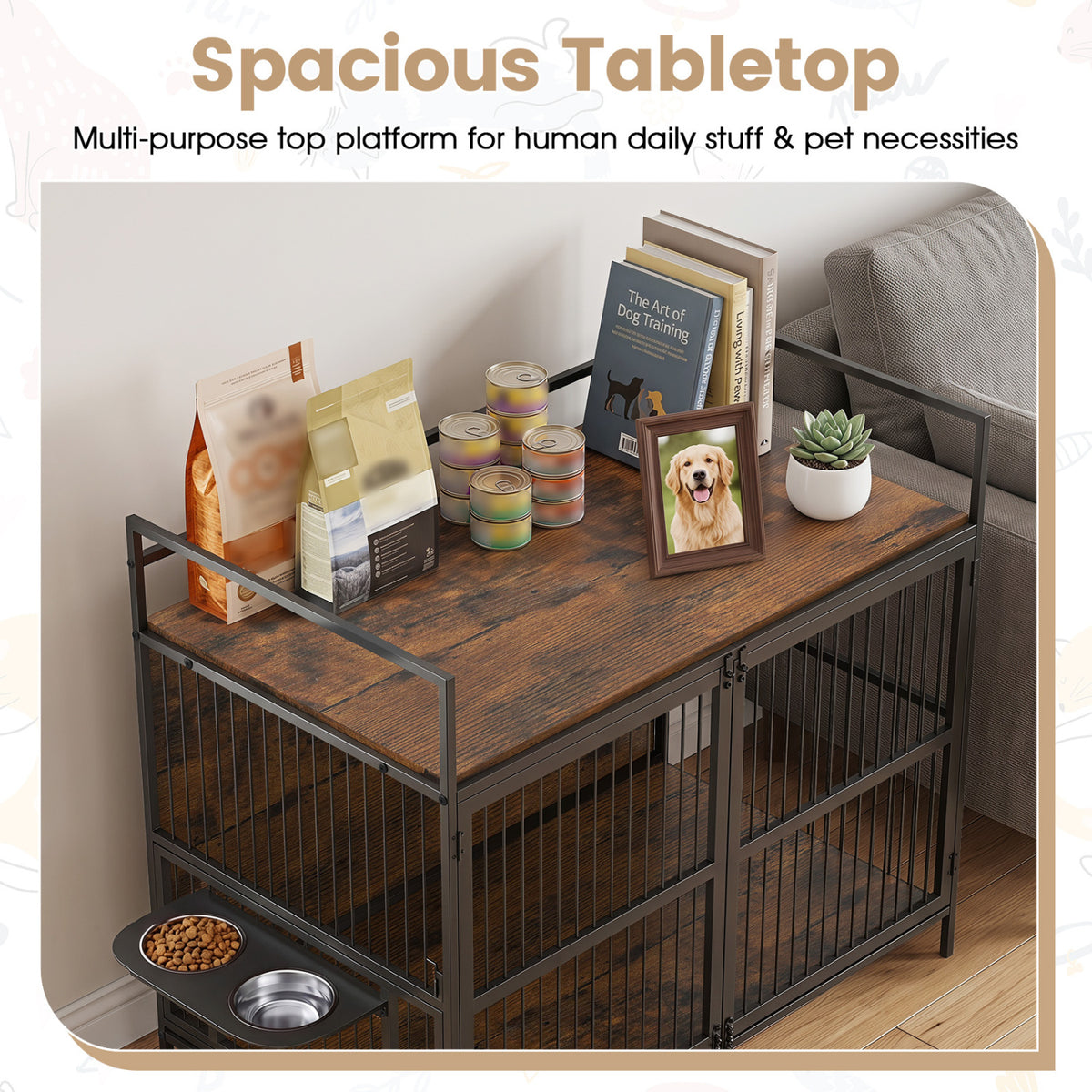 Wooden Dog Crate Furniture for Medium Dogs with Bowls and Rotatable Holder-Brown