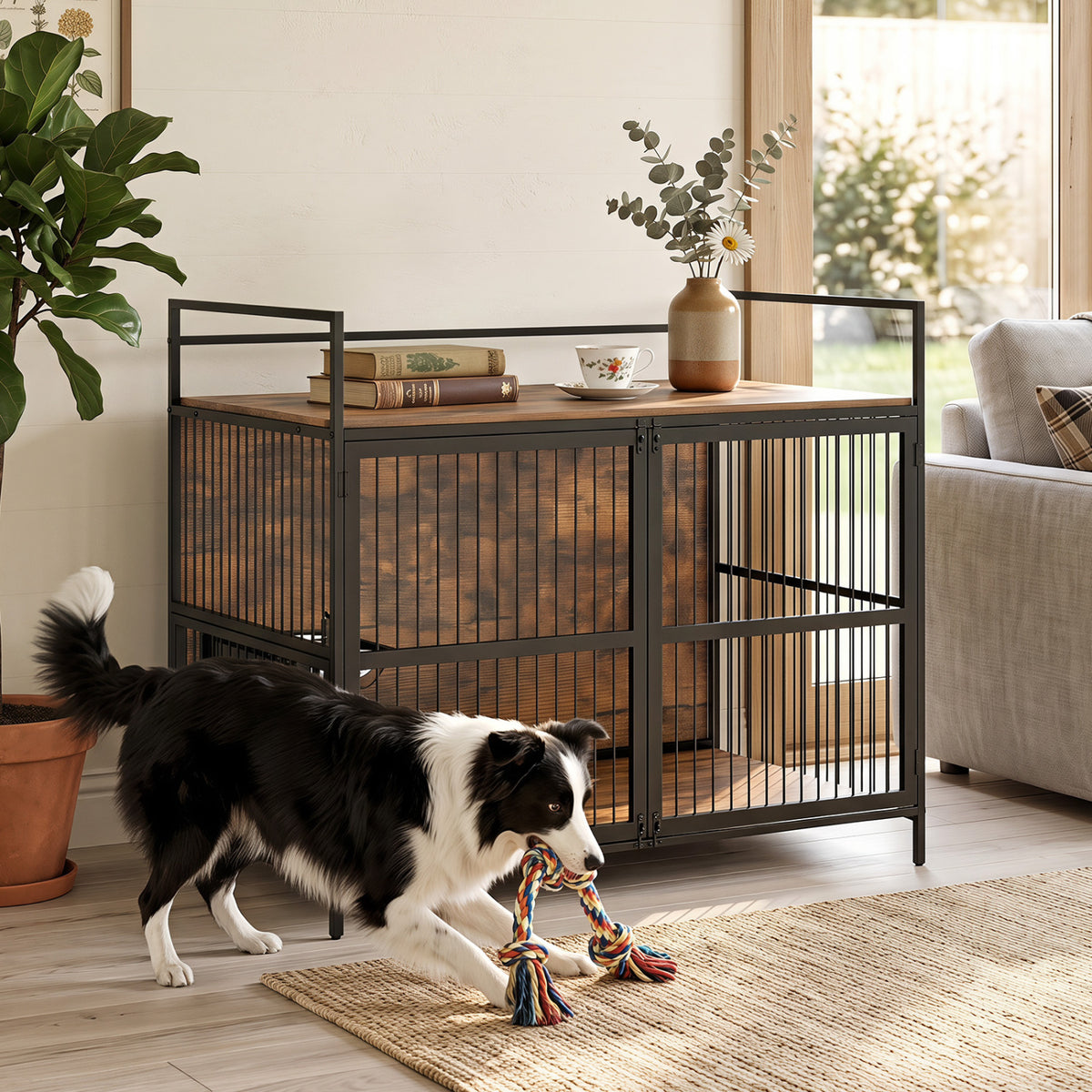 Wooden Dog Crate Furniture for Medium Dogs with Bowls and Rotatable Holder-Brown