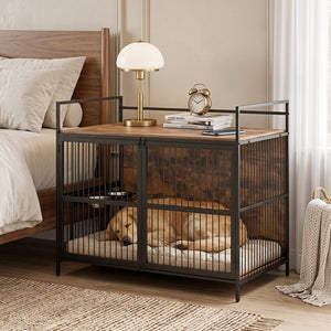 Wooden Dog Crate Furniture for Medium Dogs with Bowls and Rotatable Holder-Brown