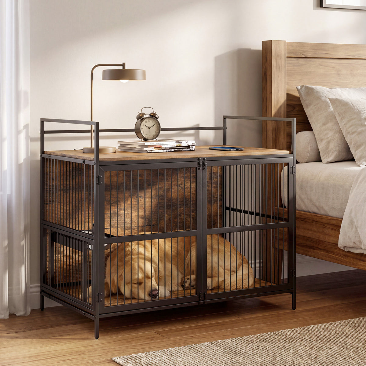 Wooden Dog Crate Furniture for Medium Dogs with Bowls and Rotatable Holder-Brown