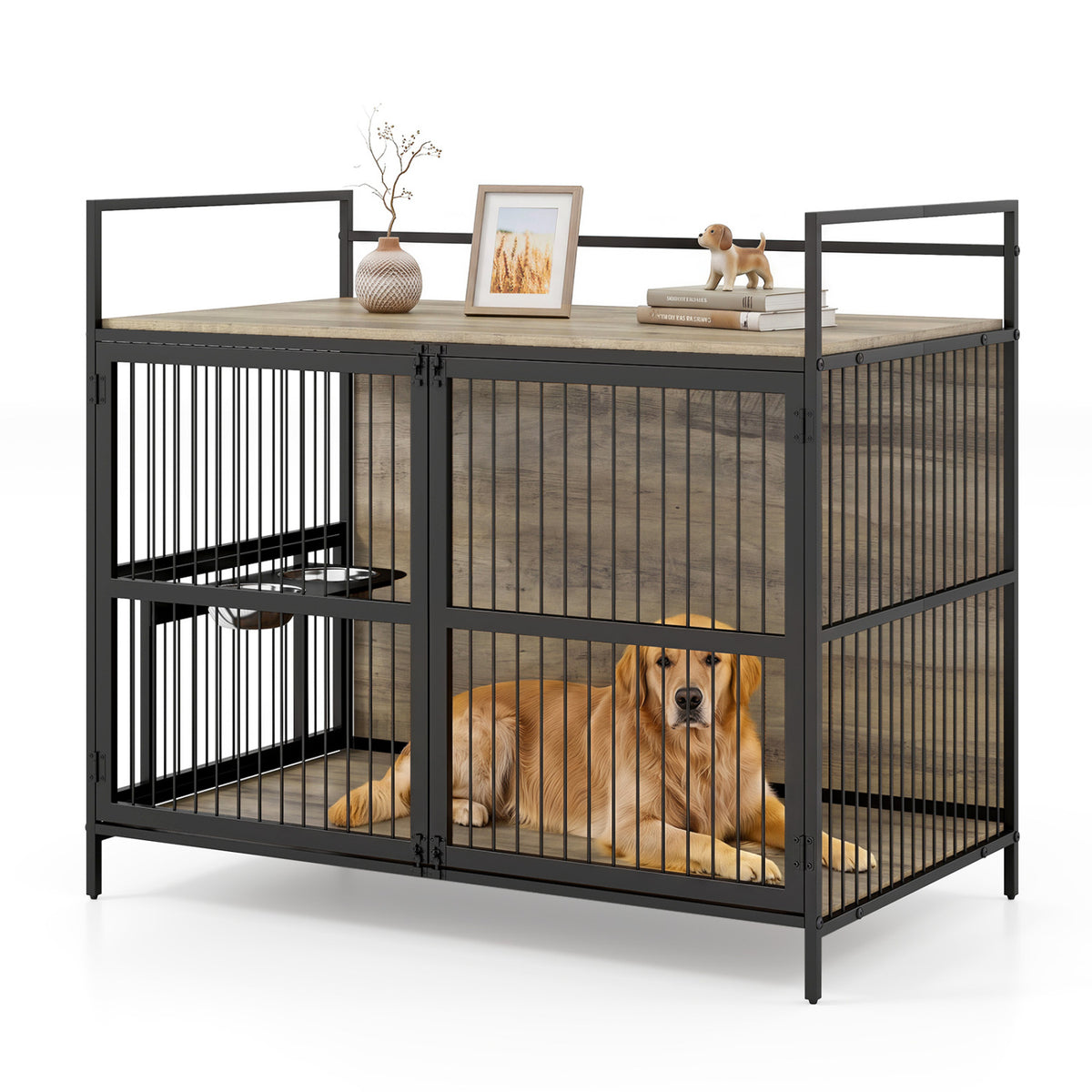 Wooden Dog Crate Furniture for Medium Dogs with Bowls and Rotatable Holder-Gray