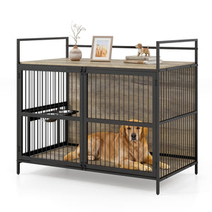 Wooden Dog Crate Furniture for Medium Dogs with Bowls and Rotatable Holder-Gray