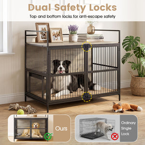 Wooden Dog Crate Furniture for Medium Dogs with Bowls and Rotatable Holder-Gray