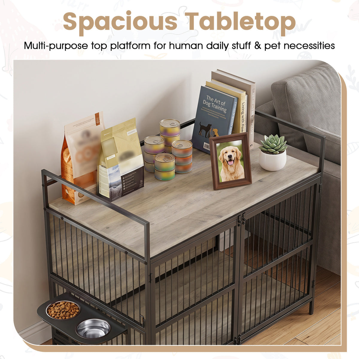 Wooden Dog Crate Furniture for Medium Dogs with Bowls and Rotatable Holder-Gray
