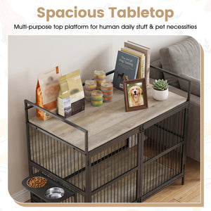 Wooden Dog Crate Furniture for Medium Dogs with Bowls and Rotatable Holder-Gray
