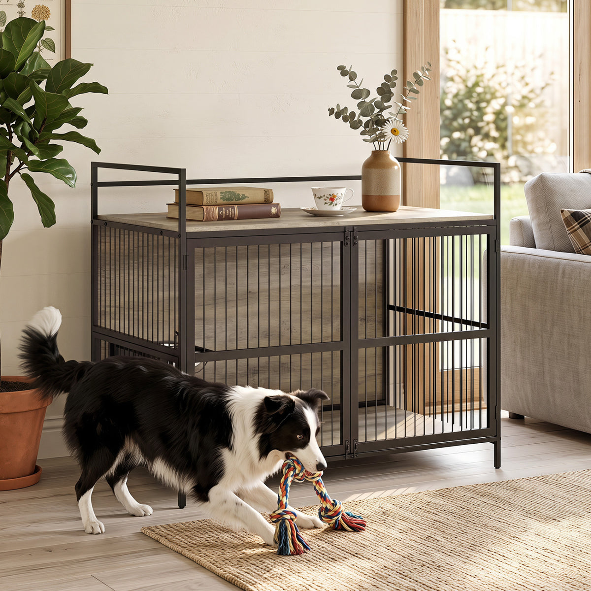 Wooden Dog Crate Furniture for Medium Dogs with Bowls and Rotatable Holder-Gray