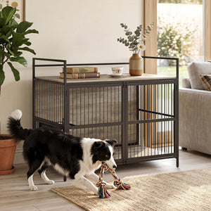 Wooden Dog Crate Furniture for Medium Dogs with Bowls and Rotatable Holder-Gray