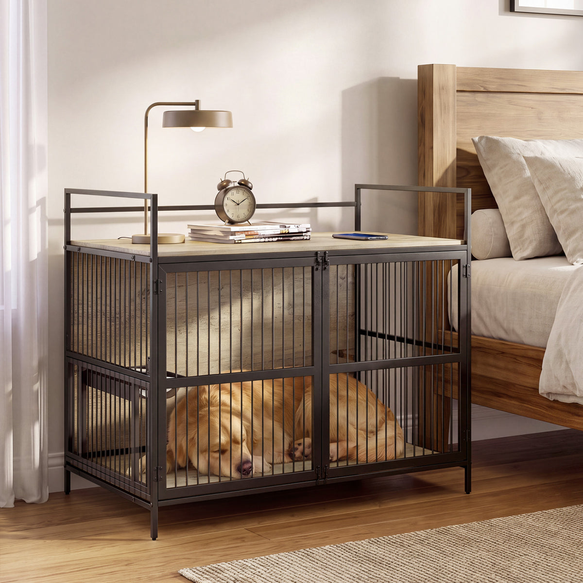 Wooden Dog Crate Furniture for Medium Dogs with Bowls and Rotatable Holder-Gray