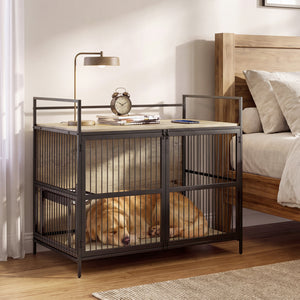 Wooden Dog Crate Furniture for Medium Dogs with Bowls and Rotatable Holder-Gray