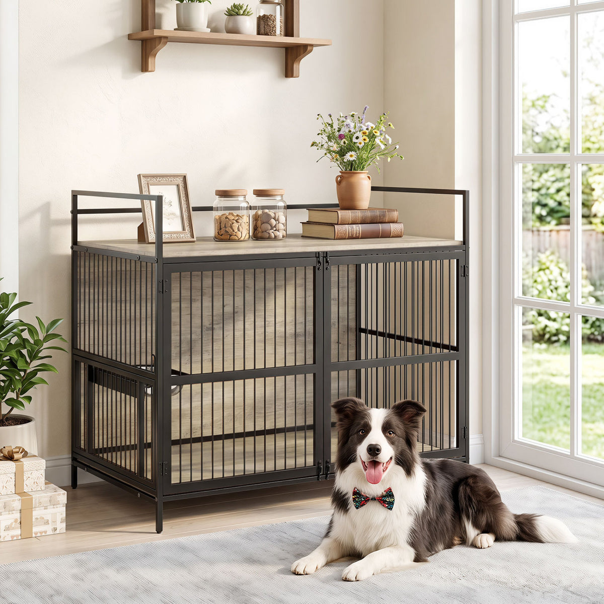 Wooden Dog Crate Furniture for Medium Dogs with Bowls and Rotatable Holder-Gray