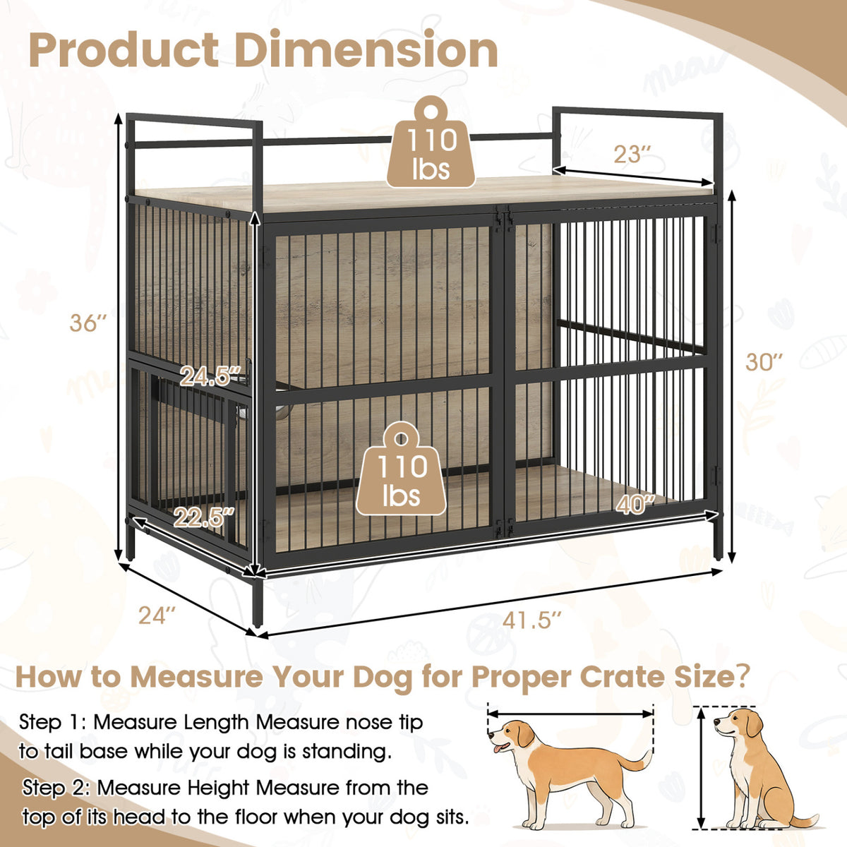 Wooden Dog Crate Furniture for Medium Dogs with Bowls and Rotatable Holder-Gray