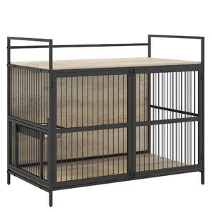 Wooden Dog Crate Furniture for Medium Dogs with Bowls and Rotatable Holder-Gray