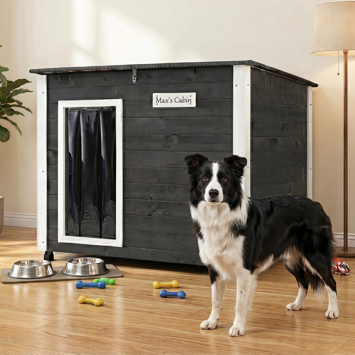 Wooden Dog House Outdoor with Natural Spruce Wood Frame  Removable Floor and Openable Asphalt Roof-L