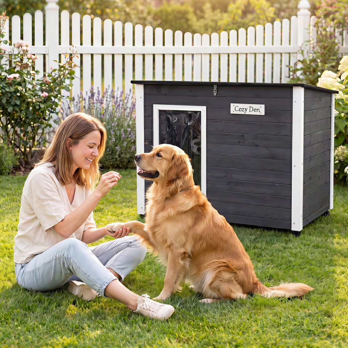 Wooden Dog House Outdoor with Natural Spruce Wood Frame  Removable Floor and Openable Asphalt Roof-L