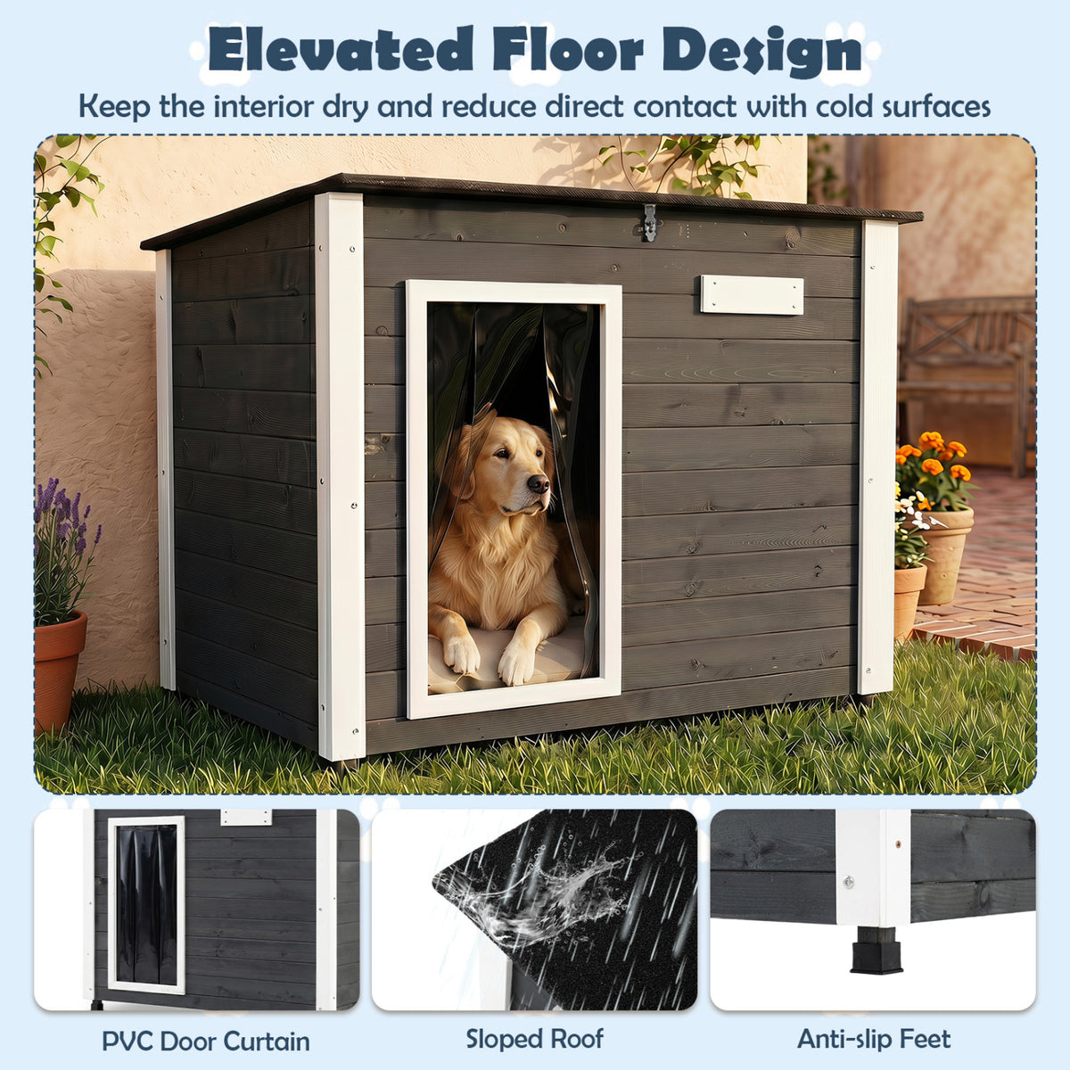Wooden Dog House Outdoor with Natural Spruce Wood Frame  Removable Floor and Openable Asphalt Roof-L